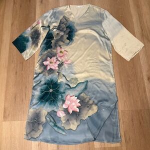 Silk Dress Hand Painted XL Lotus Floral V-Neck Whimsy Garden Wearable Art Boho